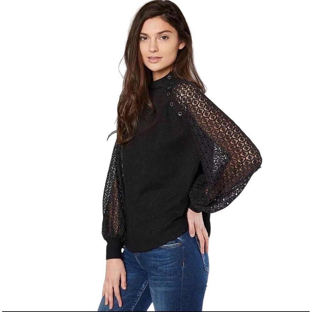Free People Sweetest Thing Black Thermal Lace Sleeve Embroidered Button Top S